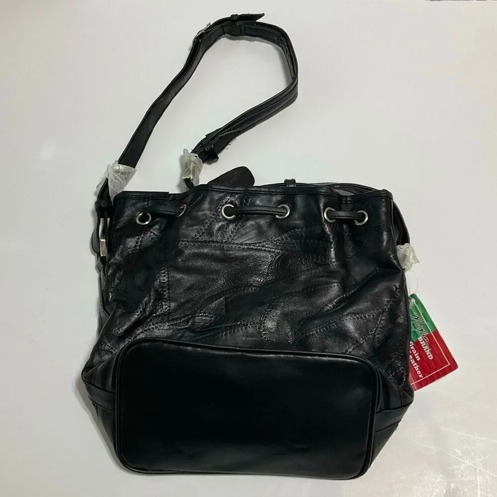 Maxam Lambskin Patchwork Mosaic Drawstring Bag, Black NWT Vintage